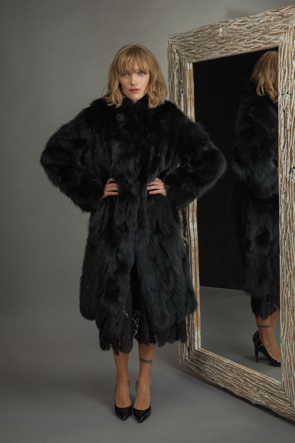 2in1 Long Black Fox Fur Coat-Vest with Detachable Sleeves | Handmade