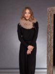 Beige brown fox fur scarf tied with satin band