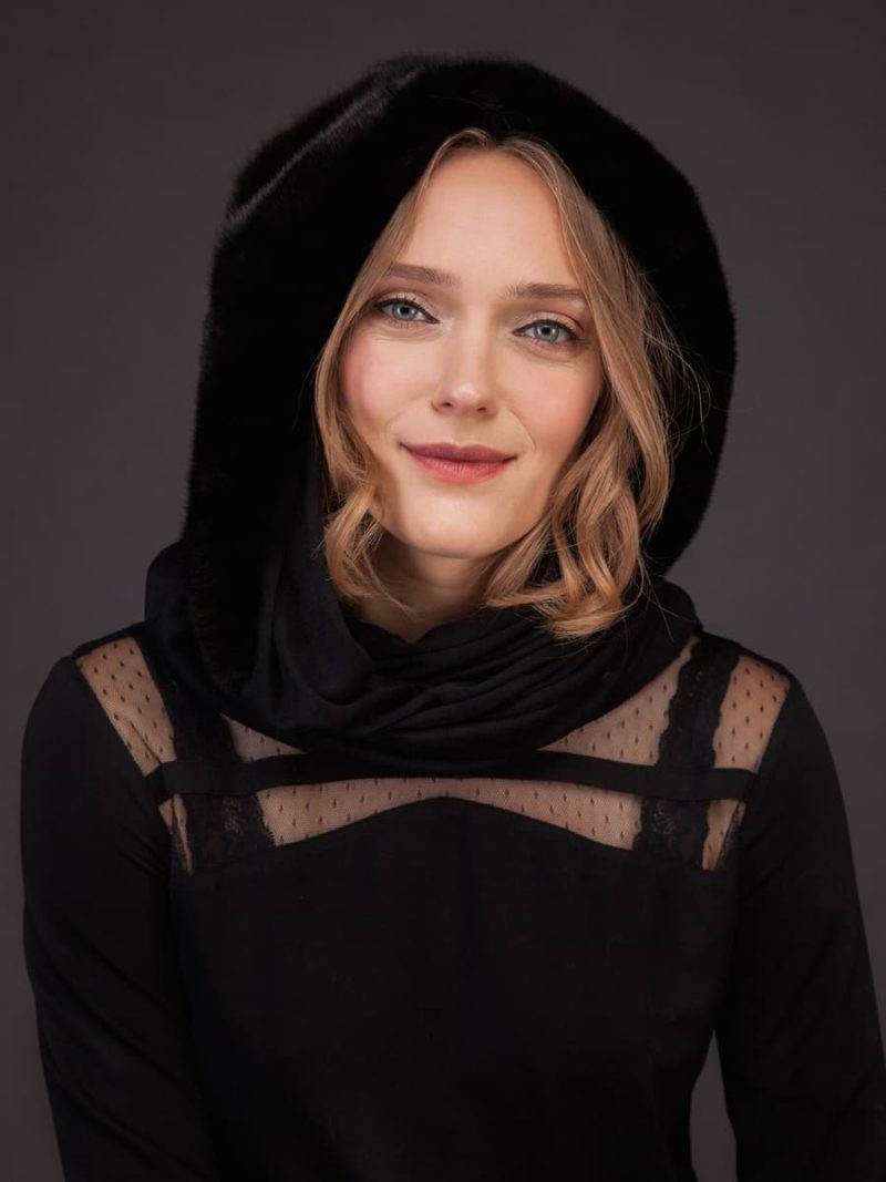 Black cashmere and mink fur shawl scarf hood
