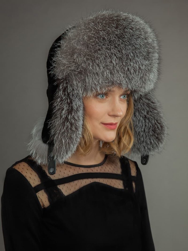 Black mouton shearling and silver fox fur ushanka hat from NordFur
