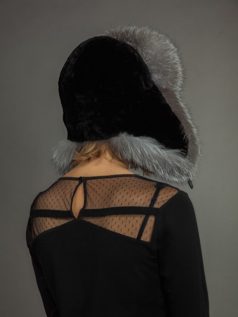 Black mouton shearling and silver fox fur ushanka hat from NordFur