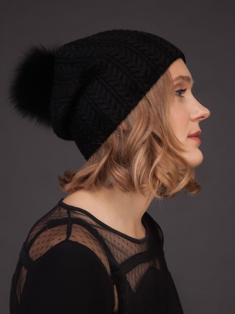 Cashmere knitted black beanie hat with fox fur pom pom