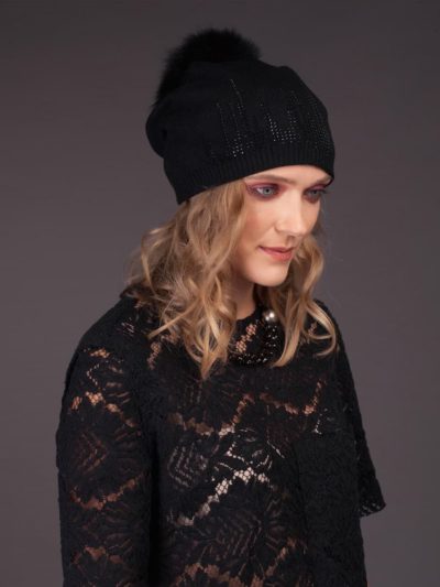 Cashmere knitted black beanie hat with fox fur pom-pom and shiny dots
