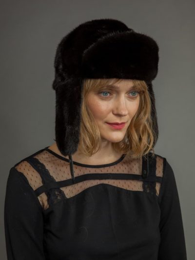 Natural black mink fur russian ushanka trapper hat men with ear flaps