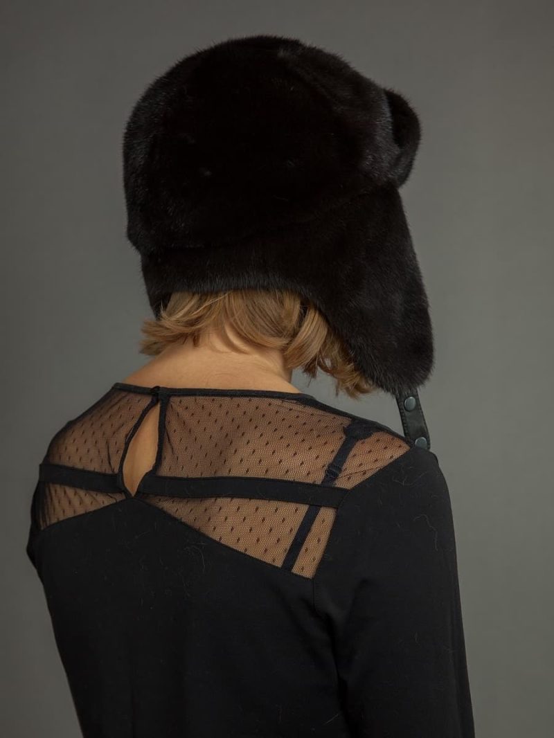 Natural black mink fur russian ushanka trapper hat unisex with ear flaps