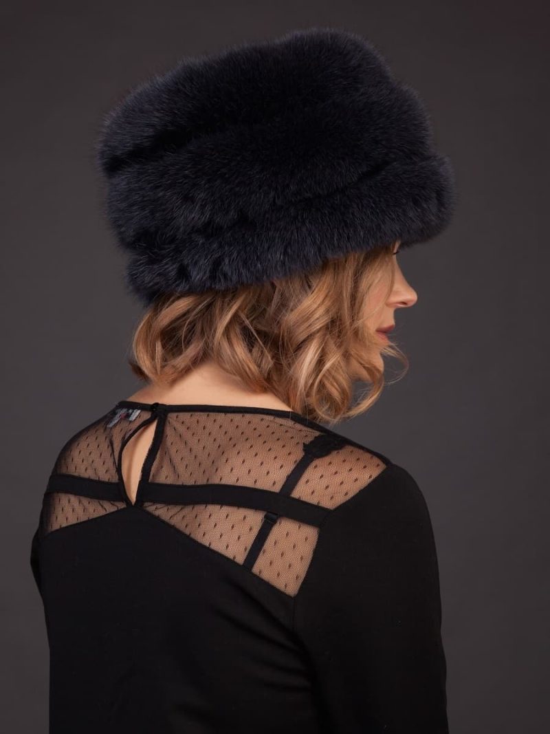 Dark blue fox fur hat with leather inserts and flat top