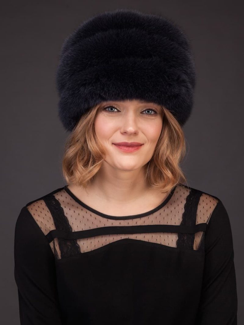 Dark blue fox fur hat with leather inserts and flat top