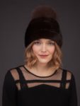 Dark brown mink fur hat with leather inserts and fox fur pom pom