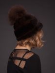 Dark brown mink fur hat with leather inserts and fox fur pom pom