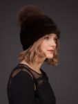 Dark brown mink fur hat with leather inserts and fox fur pom pom