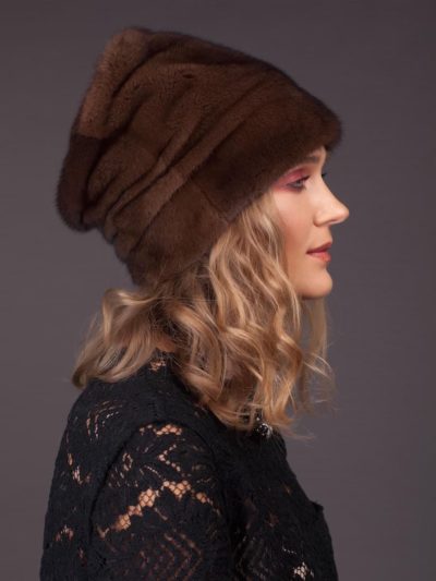 High brown mink fur hat with flat top - cylinder