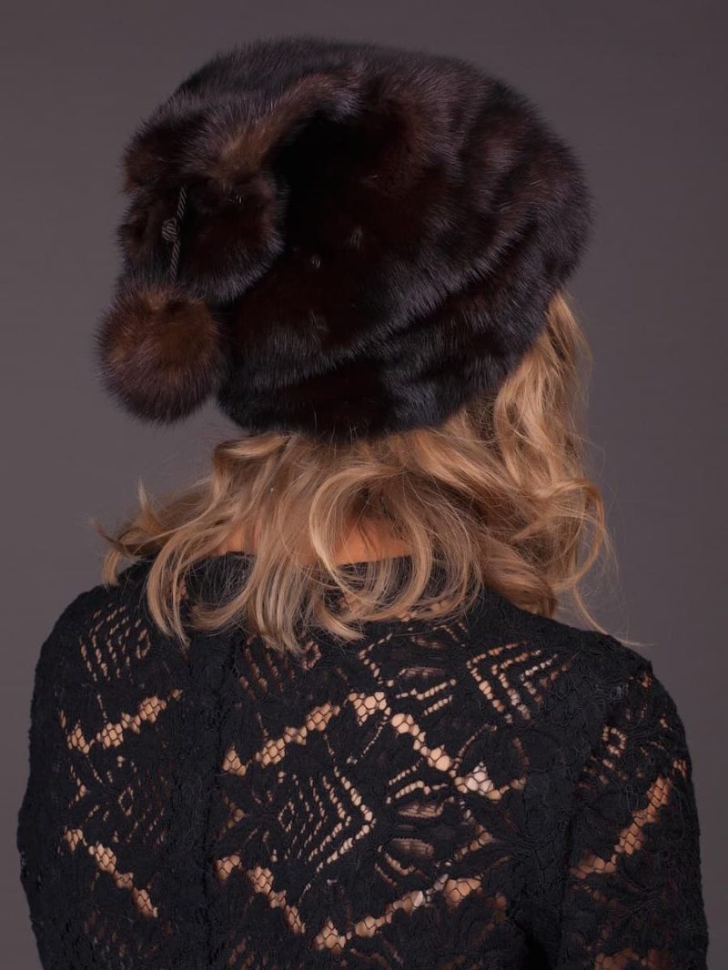 High brown mink fur hat with pom pom