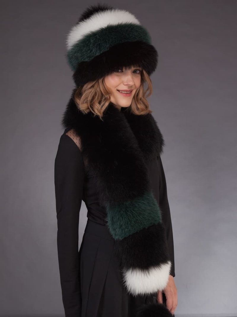Multicolor fox fur scarf with pom pom hat