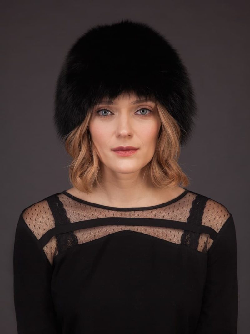 Knitted & stretchy black fox fur hat