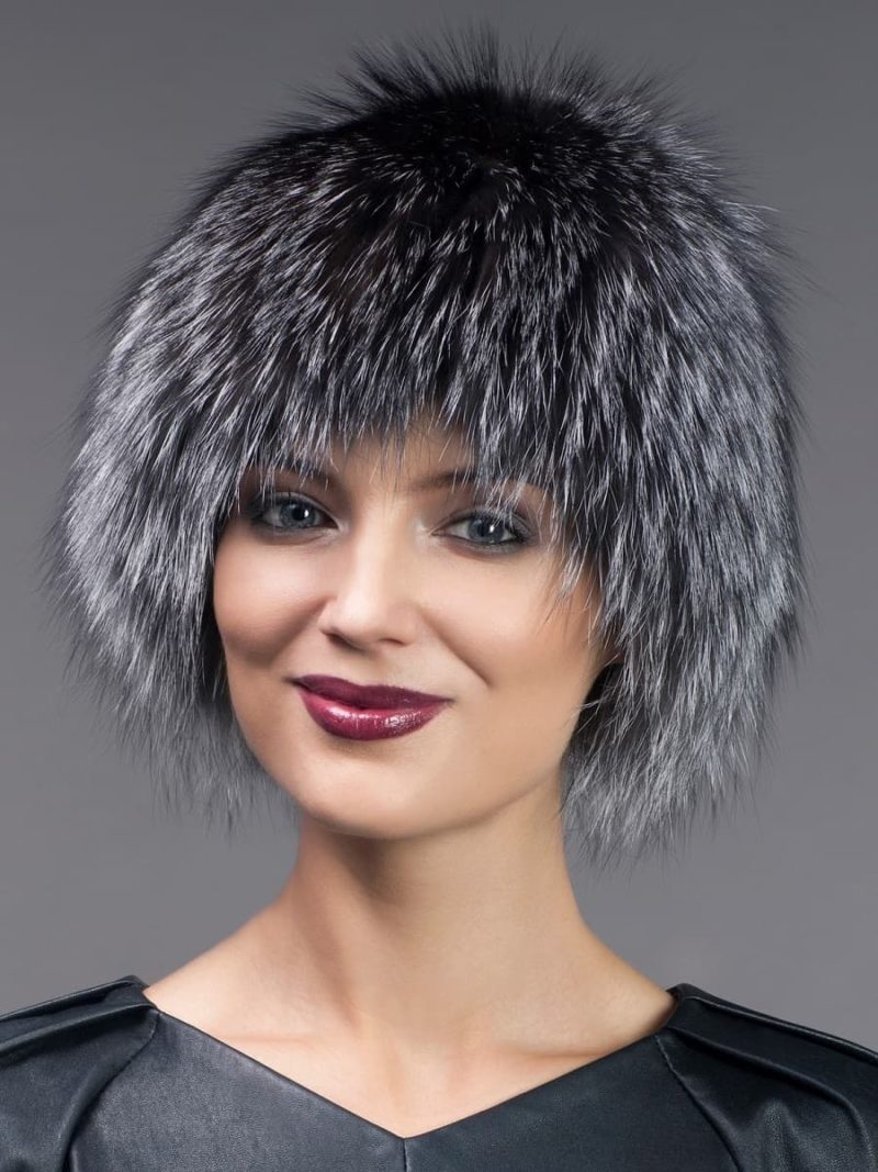 Knitted stretchy silver fox fur hat