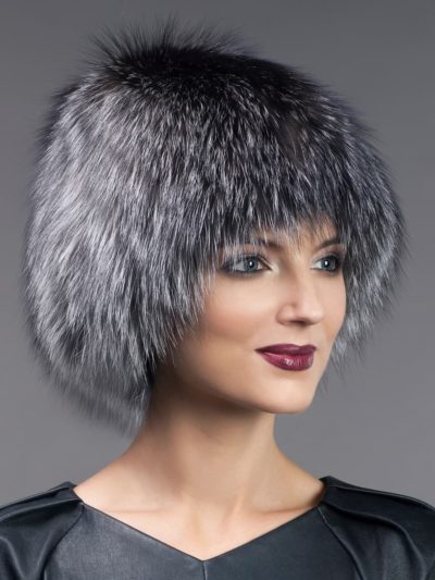 Knitted stretchy silver fox fur hat