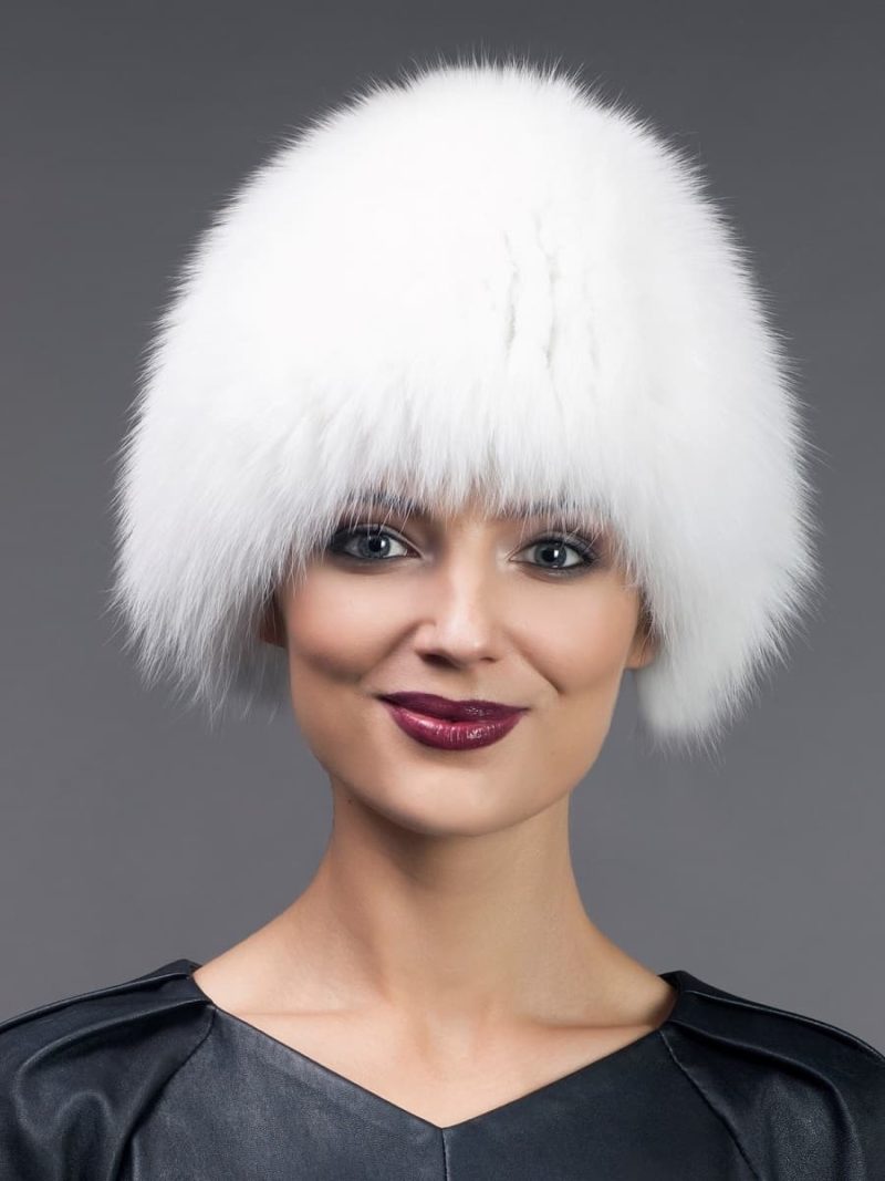 Knitted, stretchy white fox fur hat