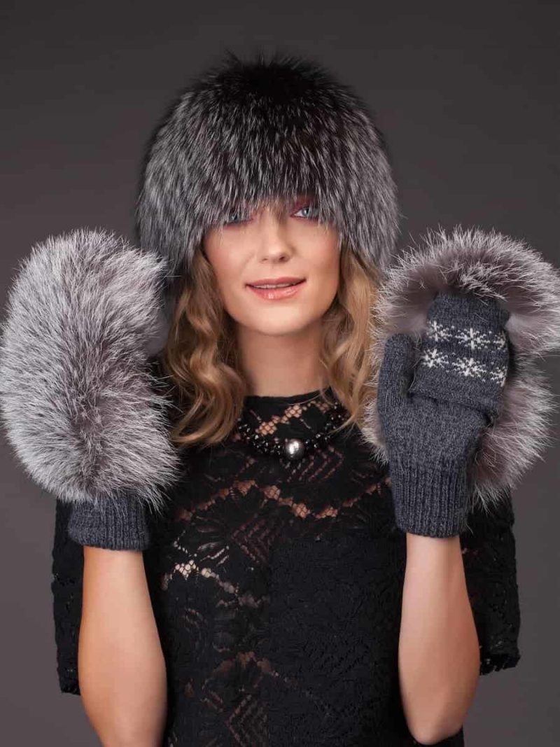 Wool & silver fox fur mittens and a knitted hat set