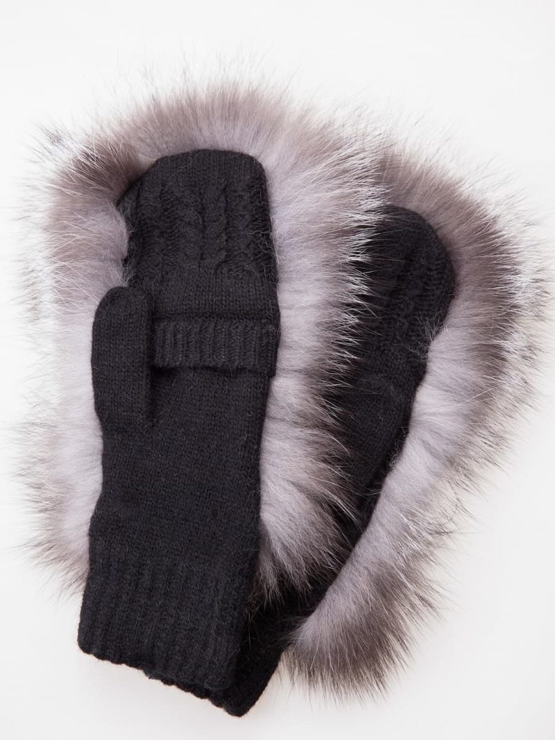 Knitted black wool fingerless mittens with silver fox fur
