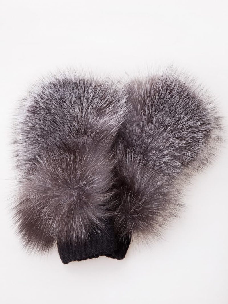 Knitted black wool fingerless mittens with silver fox fur