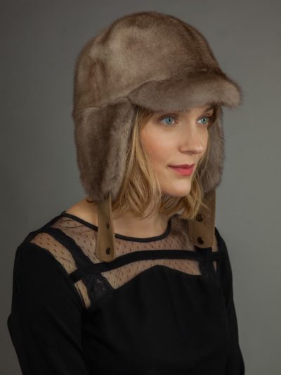 Mink Fur russian Ushanka trapper Hat Beige color