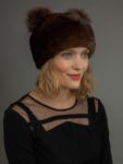 Round brown Mink fur hat with double fox pom-poms