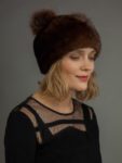 Round brown Mink fur hat with double fox pom-poms