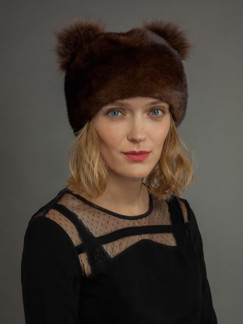 Round brown Mink fur hat with double fox pom-poms