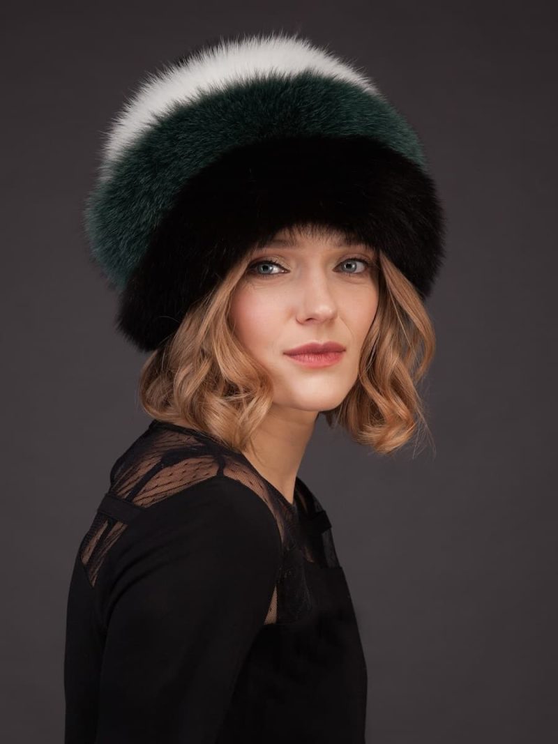 Multicolor fox fur hat with leather inserts by nordfur