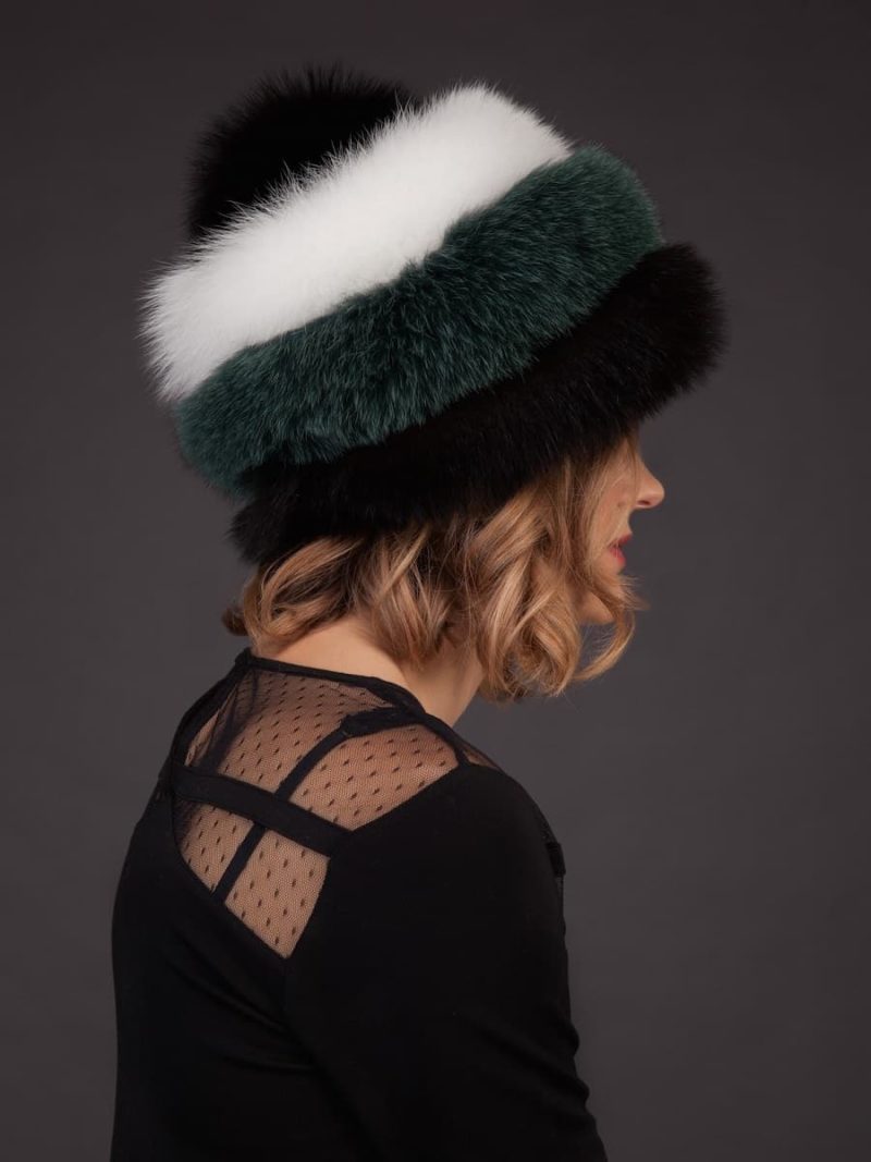 Multicolor fox fur hat with leather inserts by nordfur
