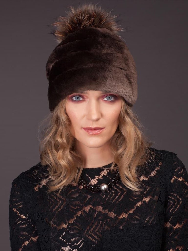 Natural Sheared Brown Beaver Fur Hat With Fox Pompom Handmade by NordFur