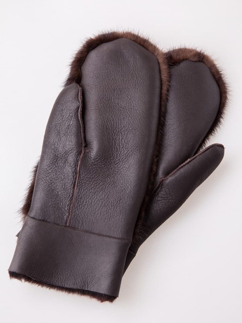 Sheepskin and brown mink fur mittens