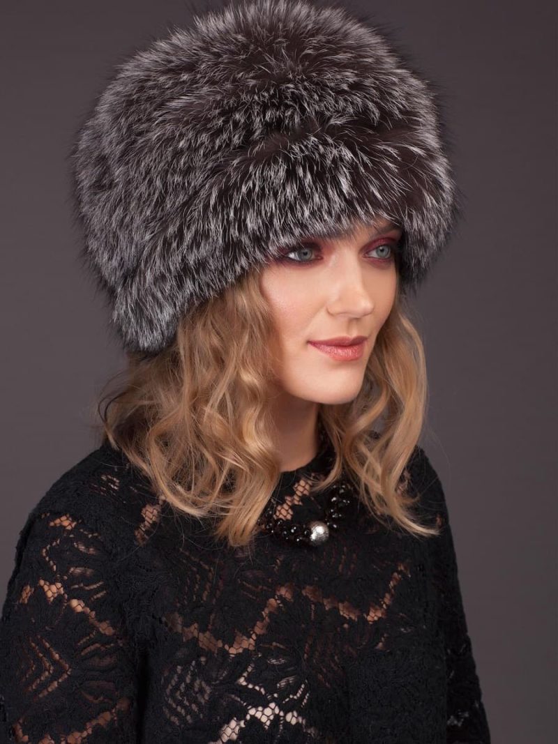 Silver fox fur hat with leather inserts and flat top