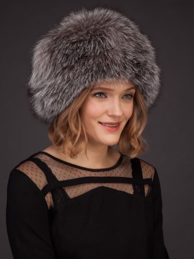 Silver fox fur hat with leather inserts and fur pom-pom by NordFur