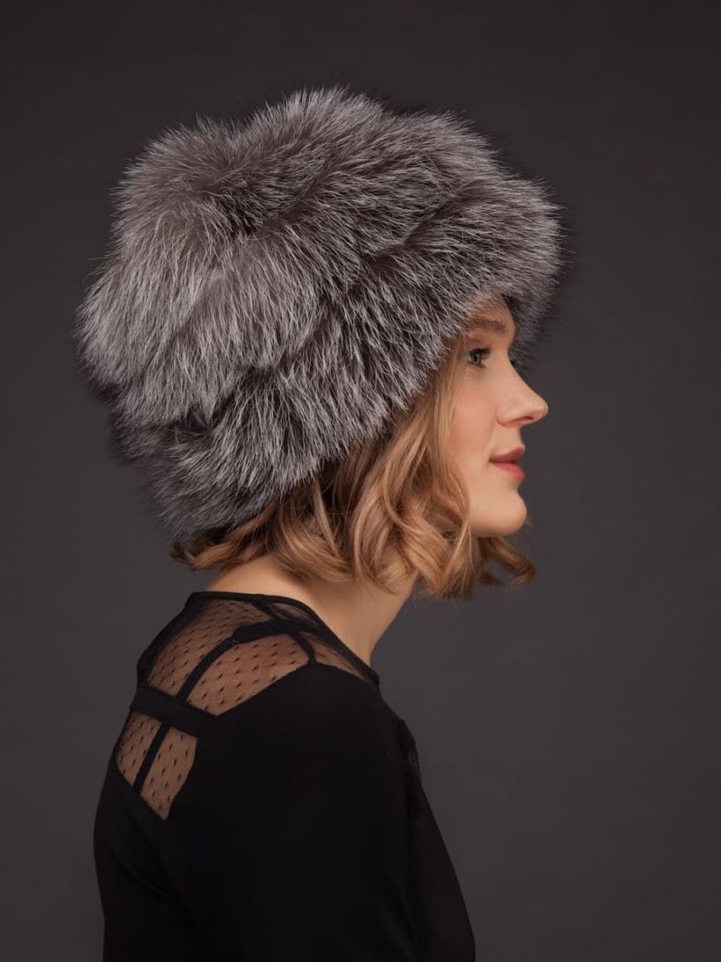 Silver fox fur hat with leather inserts and fur pom-pom by NordFur