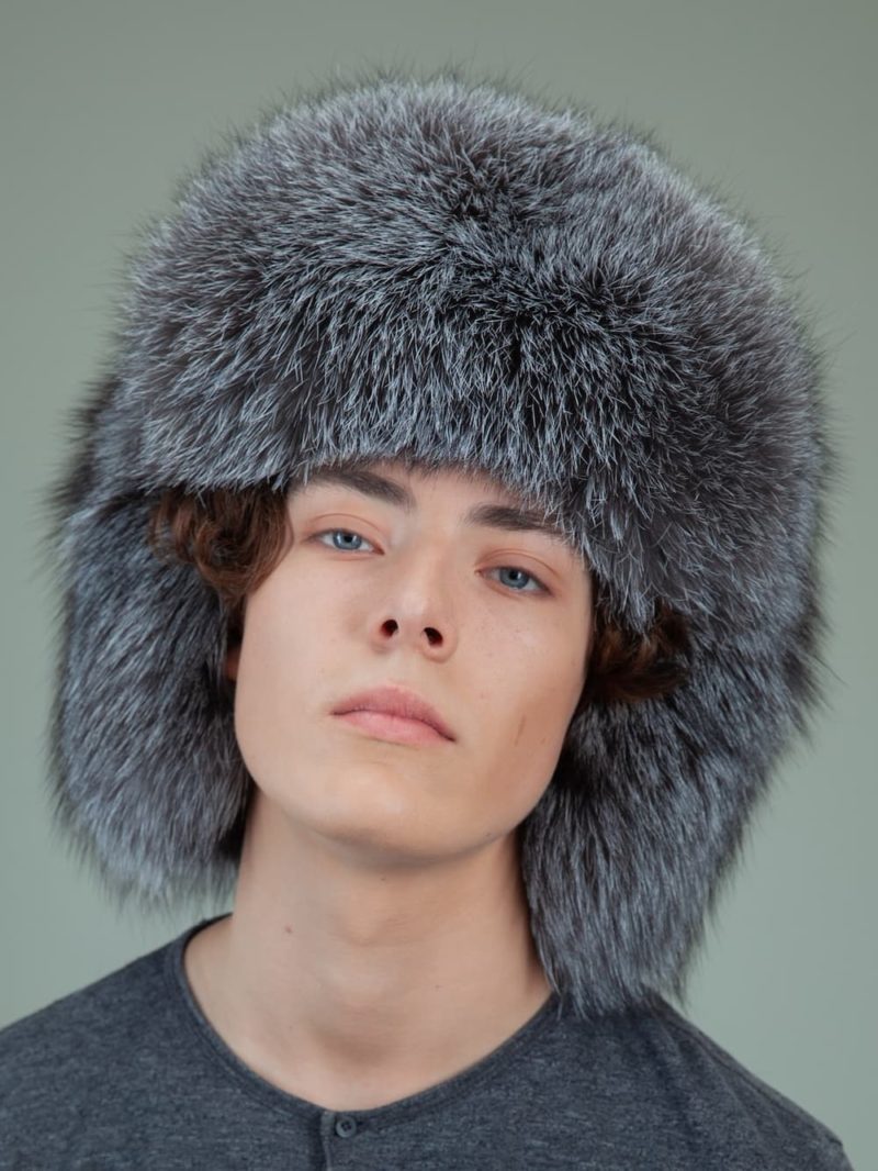 natural silver fox full fur russian hat with ears for men