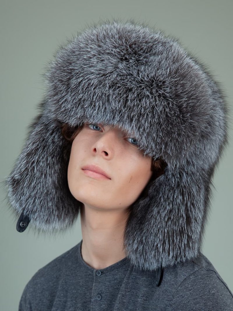 natural silver fox full fur russian hat with ears for men