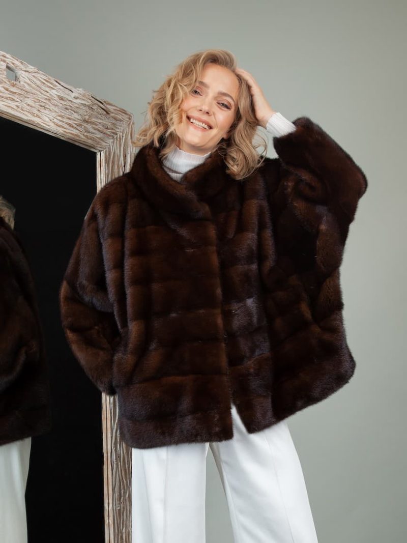 brown mink fur jacket with wide sleeves