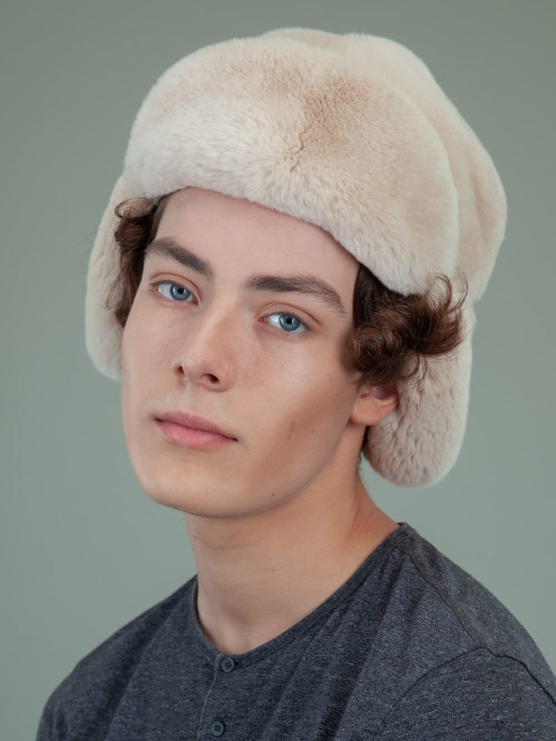 beige rex rabbit full fur russian hat with ears for men