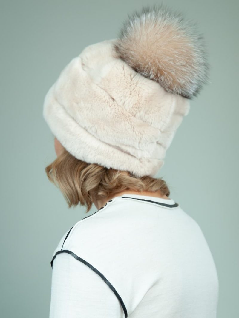 beige rex rabbit fur hat with brown fox pom-pom for women