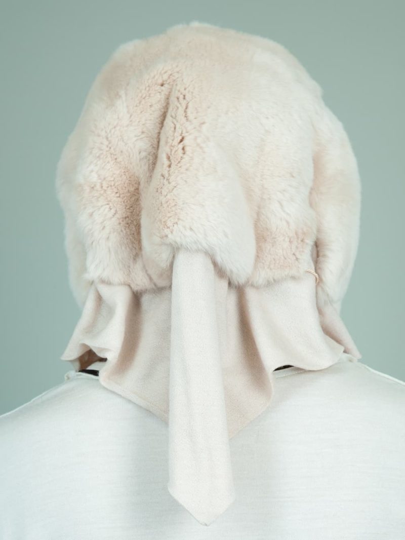 beige rex rabbit fur hooded scarf with cashmere lining for women