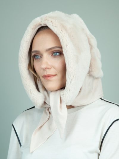 beige rex rabbit fur hooded scarf with cashmere lining for women