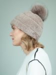 beige sheepskin fur hat with fox pom-pom for women