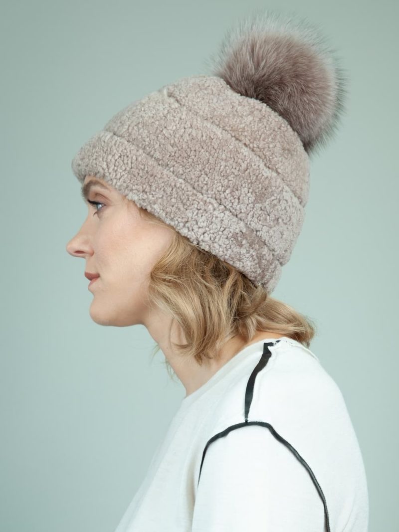 beige sheepskin fur hat with fox pom-pom for women
