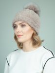 beige sheepskin fur hat with fox pom-pom for women