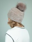 beige sheepskin fur hat with fox pom-pom for women