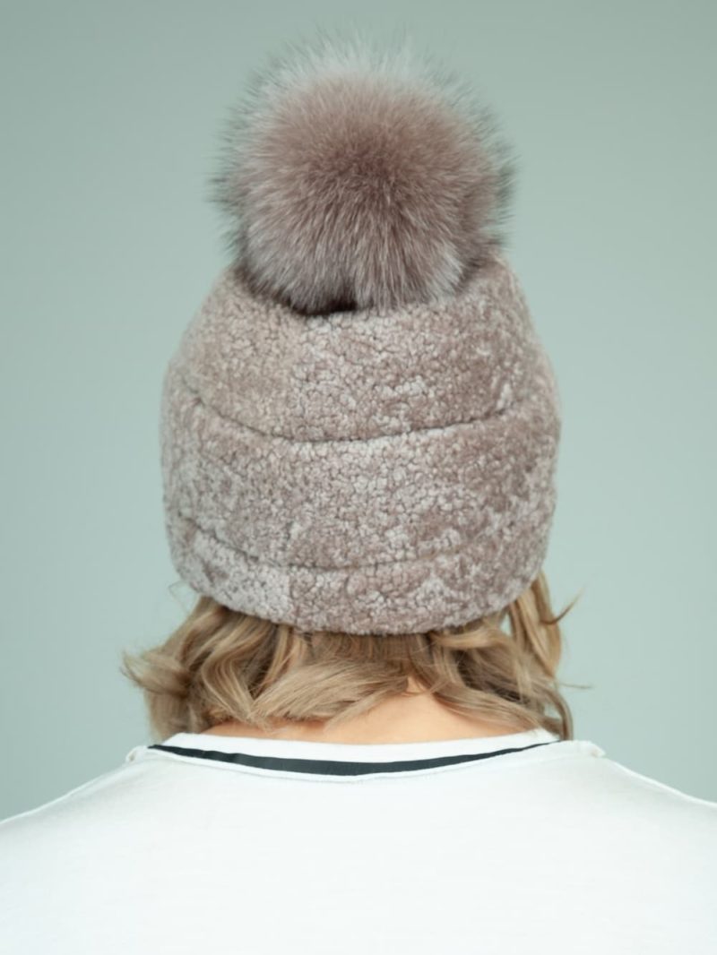 beige sheepskin fur hat with fox pom-pom for women