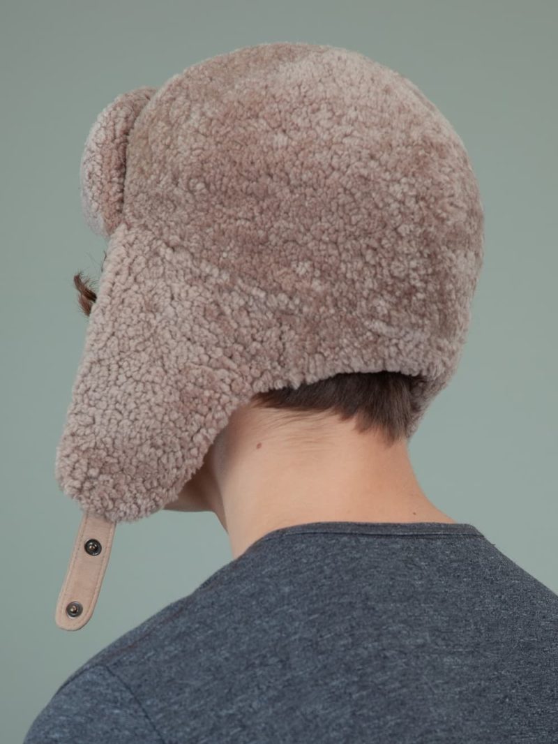 beige sheepskin trapper fur hat with ear flaps men