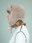 beige sheepskin trapper fur hat with ear flaps for women