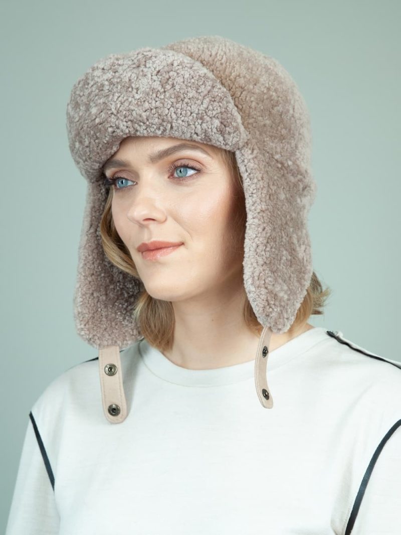 beige sheepskin trapper fur hat with ear flaps for women